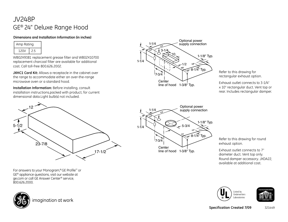 GE Deluxe JV247PWW User Manual | 2 pages