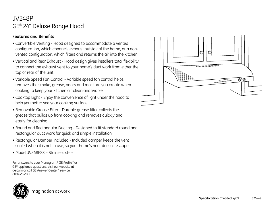 Jv248p, 24" deluxe range hood | GE Deluxe JV247PWW User Manual | Page 2 / 2