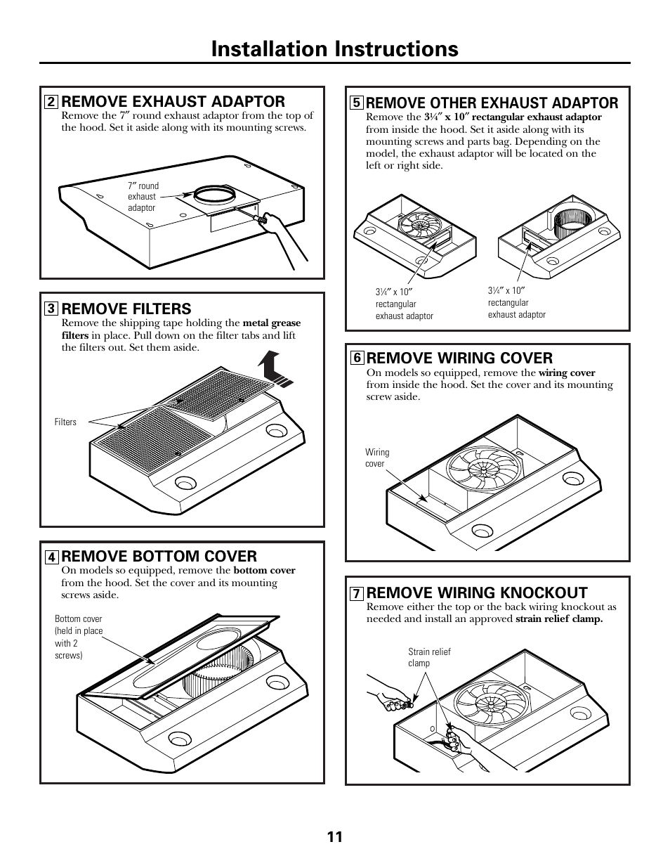 Installation instructions, 11 remove exhaust adaptor, Remove filters | Remove bottom cover, Remove other exhaust adaptor, Remove wiring cover, Remove wiring knockout | GE JV635 User Manual | Page 11 / 16