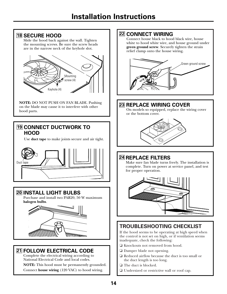 Installation instructions, Troubleshooting checklist, Replace wiring cover | 14 secure hood, Follow electrical code, Connect wiring, Install light bulbs, Connect ductwork to hood, Replace filters | GE JV635 User Manual | Page 14 / 16