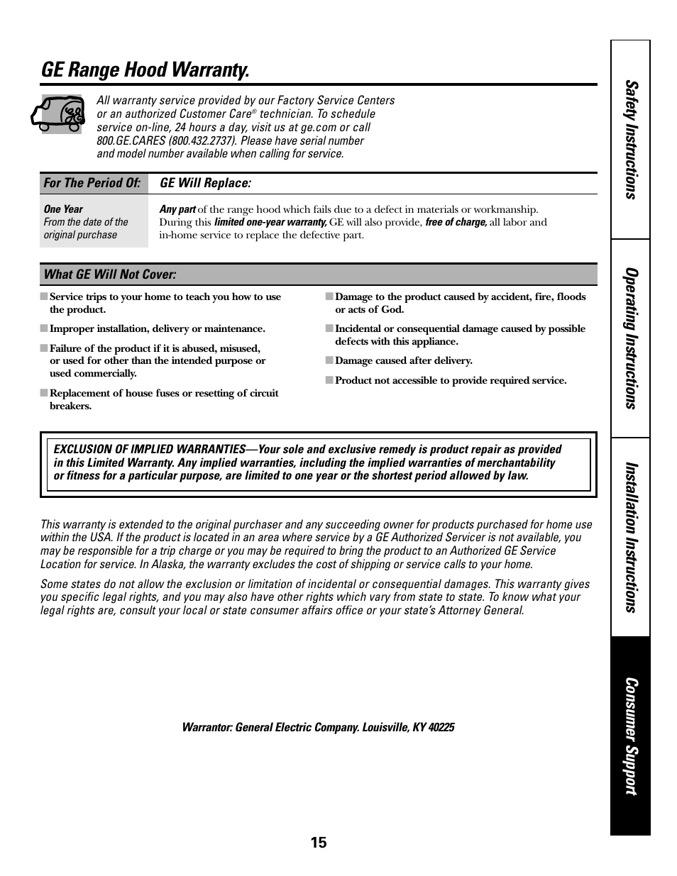 Warranty, Ge range hood warranty | GE JV635 User Manual | Page 15 / 16