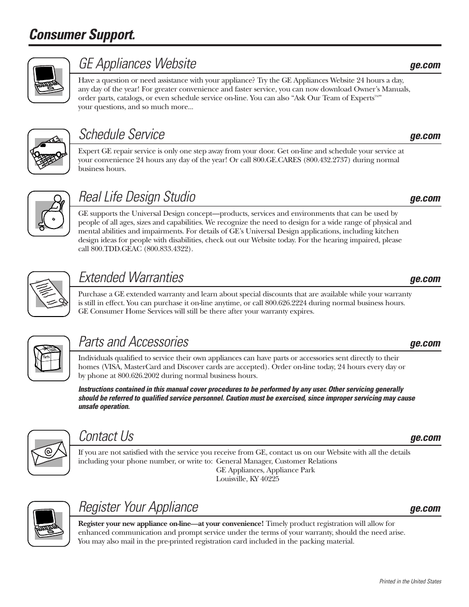 Consumer support, Consumer support . . . back cover, Consumer support. ge appliances website | Schedule service, Real life design studio, Extended warranties, Parts and accessories, Contact us, Register your appliance | GE JV635 User Manual | Page 16 / 16