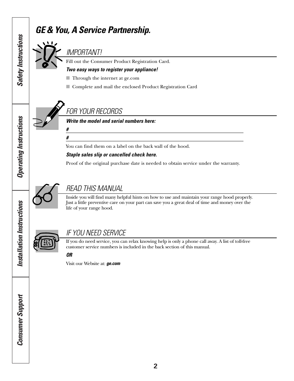 Product registration, Ge & you, a service partnership, Read this manual for your records | If you need service important | GE JV635 User Manual | Page 2 / 16