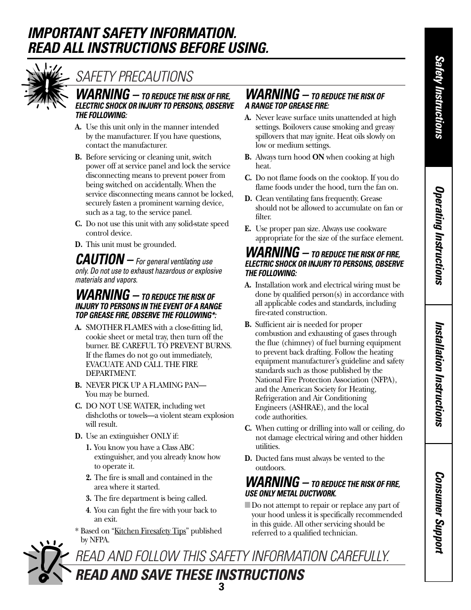 Safety information, Caution, Warning | GE JV635 User Manual | Page 3 / 16