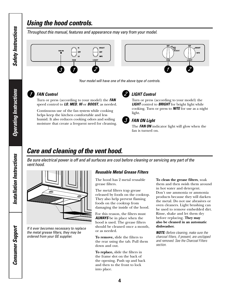 Grease filters, Vent controls, Using the hood controls | Care and cleaning of the vent hood | GE JV635 User Manual | Page 4 / 16
