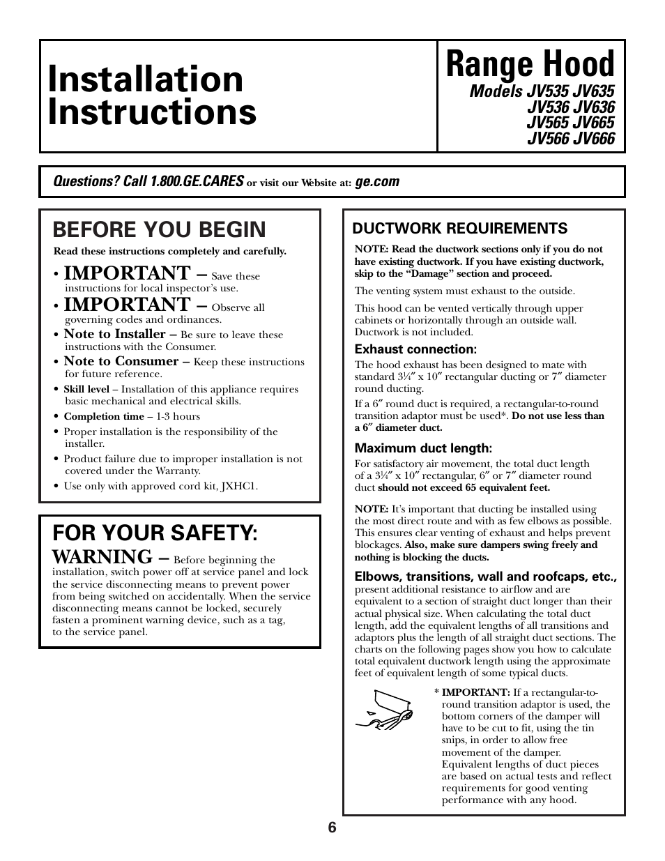 Installation instructions, Installation range hood instructions, Before you begin | For your safety, Important, Warning | GE JV635 User Manual | Page 6 / 16