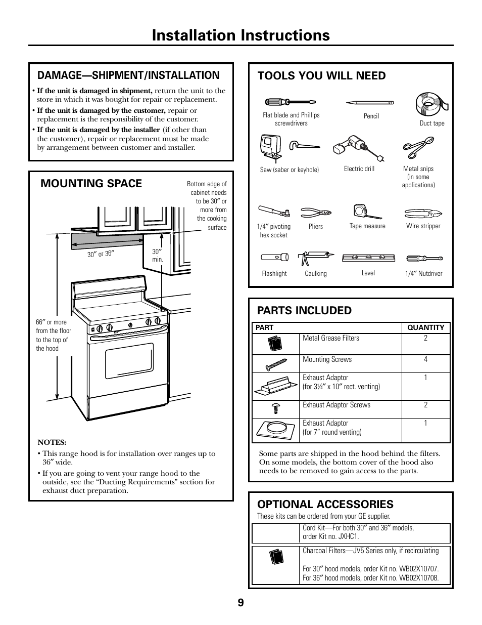 Installation instructions, Damage—shipment/installation parts included, Mounting space | Tools you will need, Optional accessories | GE JV635 User Manual | Page 9 / 16