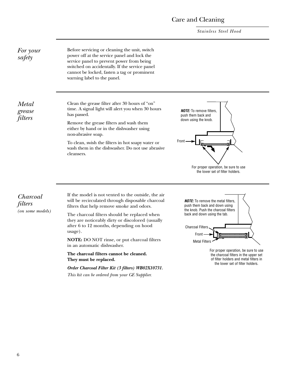 Charcoal filters, Metal grease filter, Care and cleaning | For your safety, Metal grease filters | GE ZX758C User Manual | Page 6 / 12