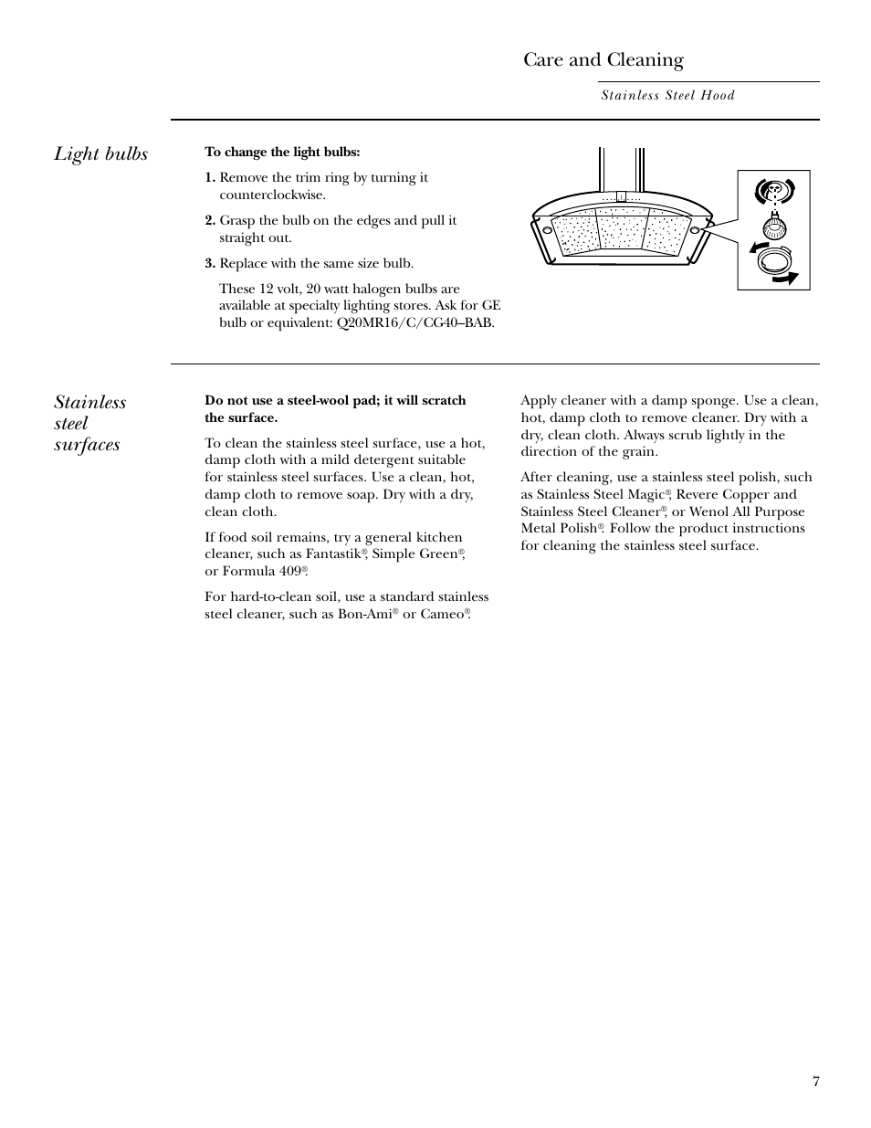 Light bulbs, Stainless steel surfaces, Care and cleaning | GE ZX758C User Manual | Page 7 / 12