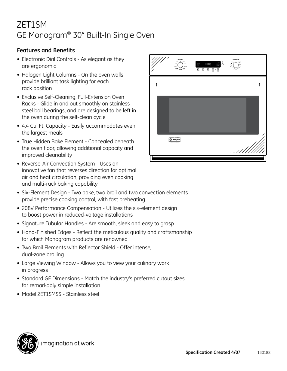 Zet1sm, Ge monogram, 30” built-in single oven | GE ZET1SM User Manual | Page 2 / 2