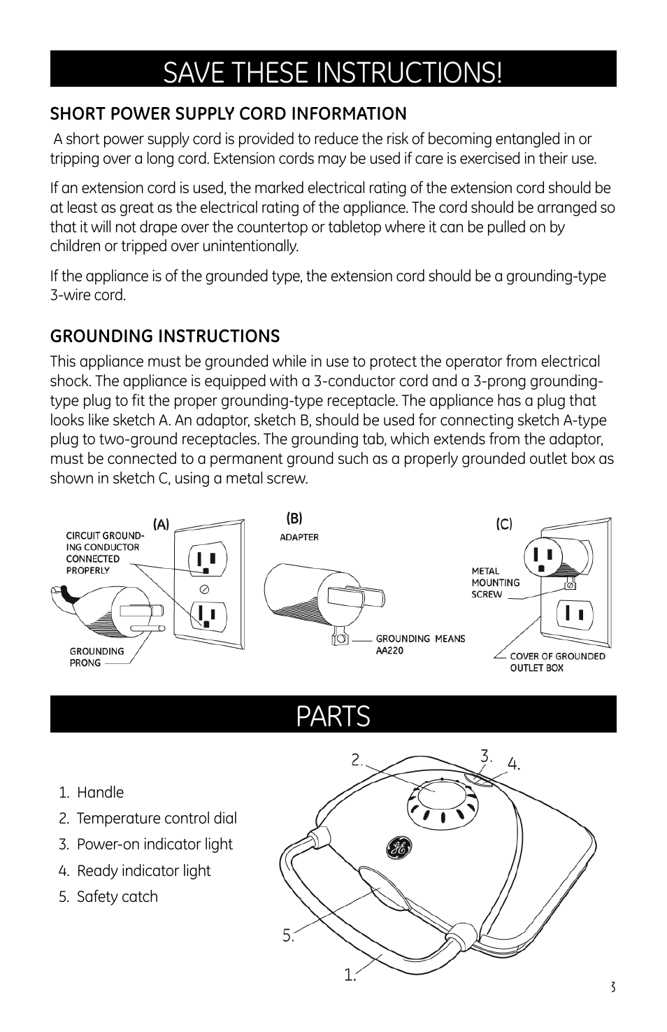 Save these instructions, Parts | GE 169056 User Manual | Page 3 / 6