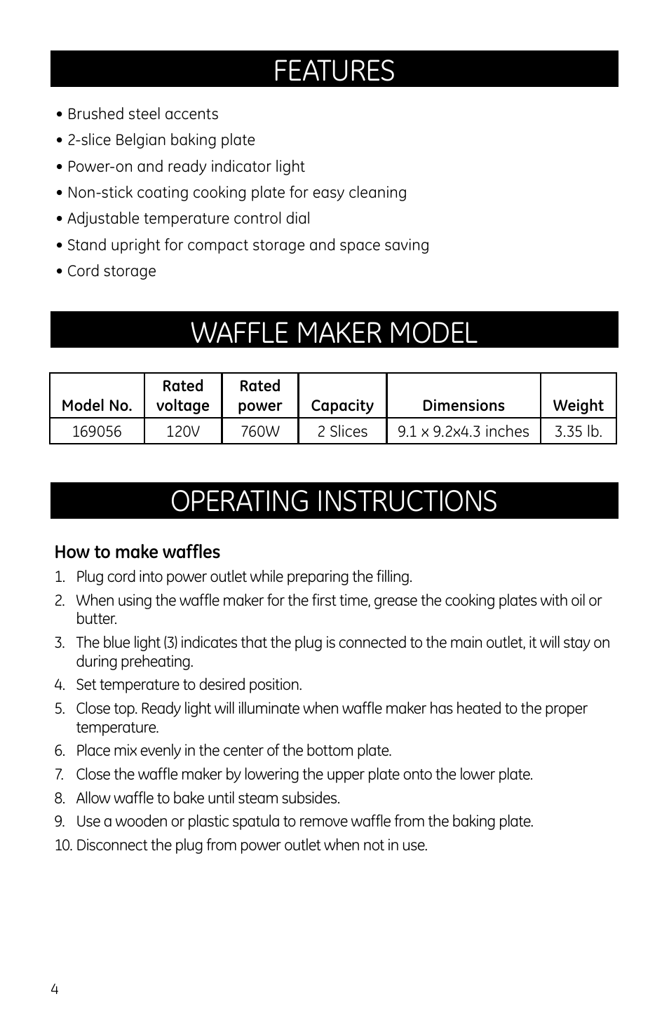 Features, Waffle maker model, Operating instructions | GE 169056 User Manual | Page 4 / 6