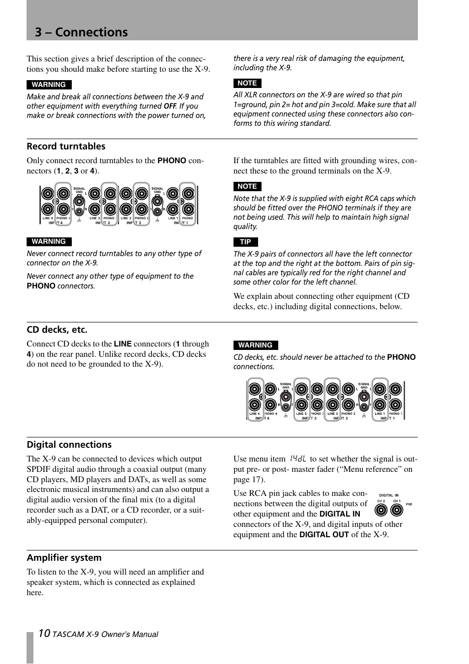 3 – connections, Record turntables, Cd decks, etc | Digital connections, Amplifier system | GE X-9 User Manual | Page 10 / 36