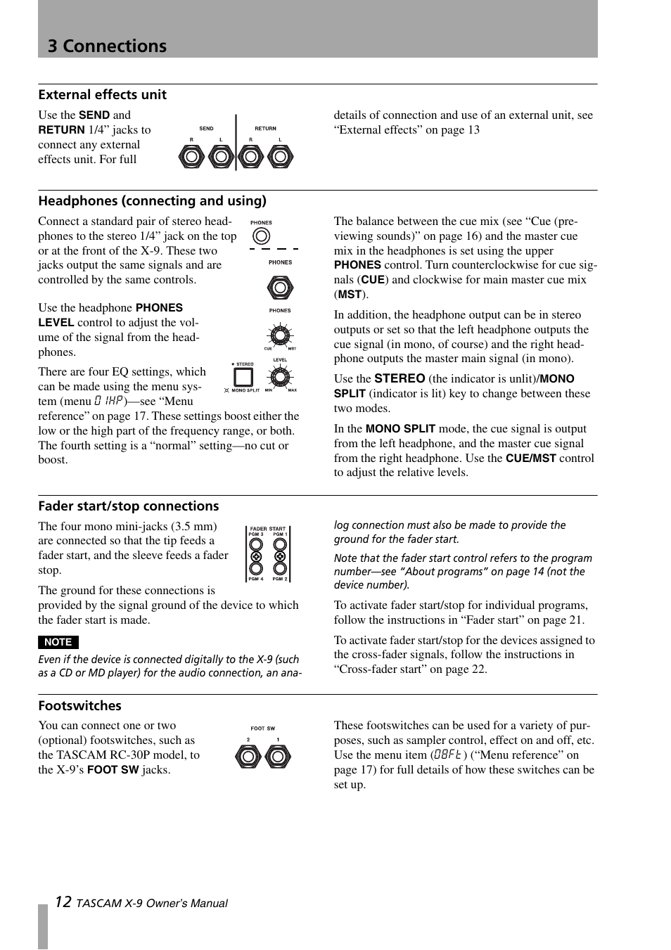 External effects unit, Headphones (connecting and using), Fader start/stop connections | Footswitches, Headphones (connecting and using)” on, 3 connections | GE X-9 User Manual | Page 12 / 36