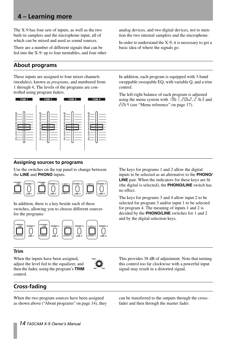4 – learning more, About programs, Assigning sources to programs | Trim, Cross-fading, Assigning sources to programs trim | GE X-9 User Manual | Page 14 / 36