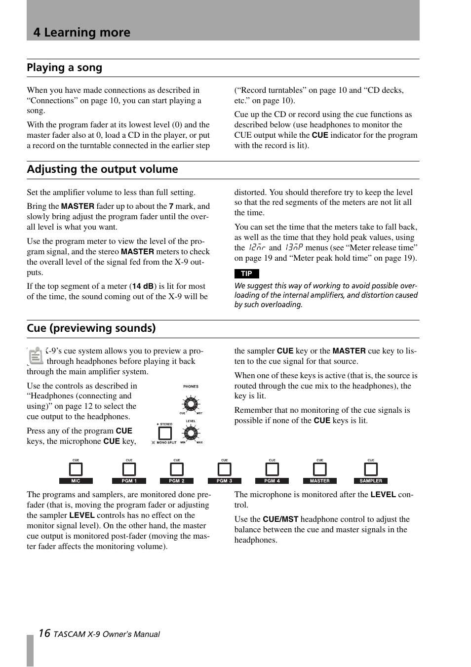 Playing a song, Adjusting the output volume, Cue (previewing sounds) | 4 learning more | GE X-9 User Manual | Page 16 / 36