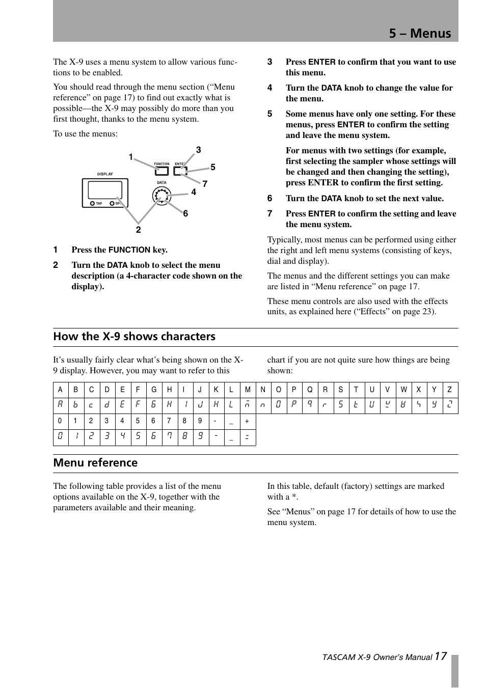 5 – menus, How the x-9 shows characters, Menu reference | How the x-9 shows characters menu reference, Ee “menu, Menu reference” on | GE X-9 User Manual | Page 17 / 36