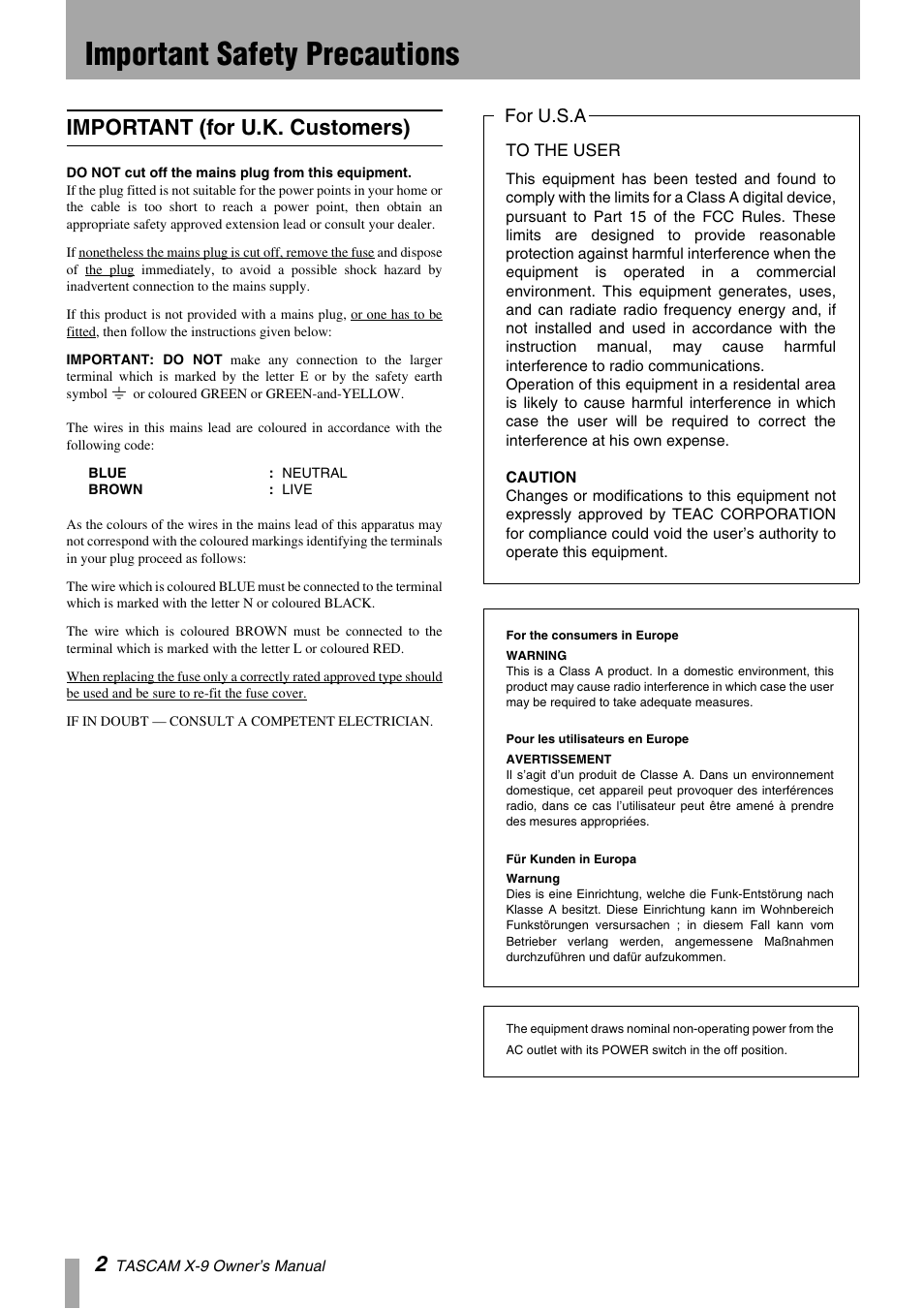 Important safety precautions, Important (for u.k. customers), For u.s.a | GE X-9 User Manual | Page 2 / 36