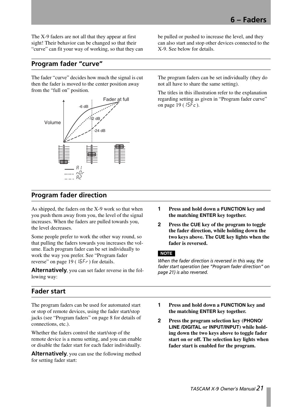 6 – faders, Program fader “curve, Program fader direction | Fader start | GE X-9 User Manual | Page 21 / 36