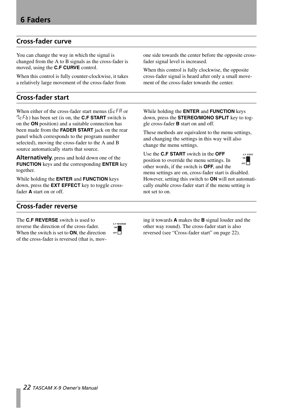 Cross-fader curve, Cross-fader start, Cross-fader reverse | 6 faders | GE X-9 User Manual | Page 22 / 36