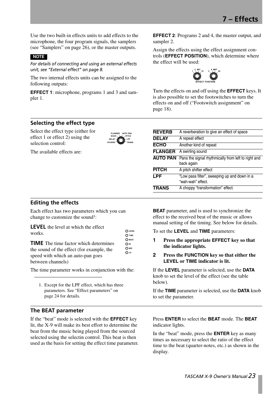 7 – effects, Selecting the effect type, Editing the effects | The beat parameter | GE X-9 User Manual | Page 23 / 36