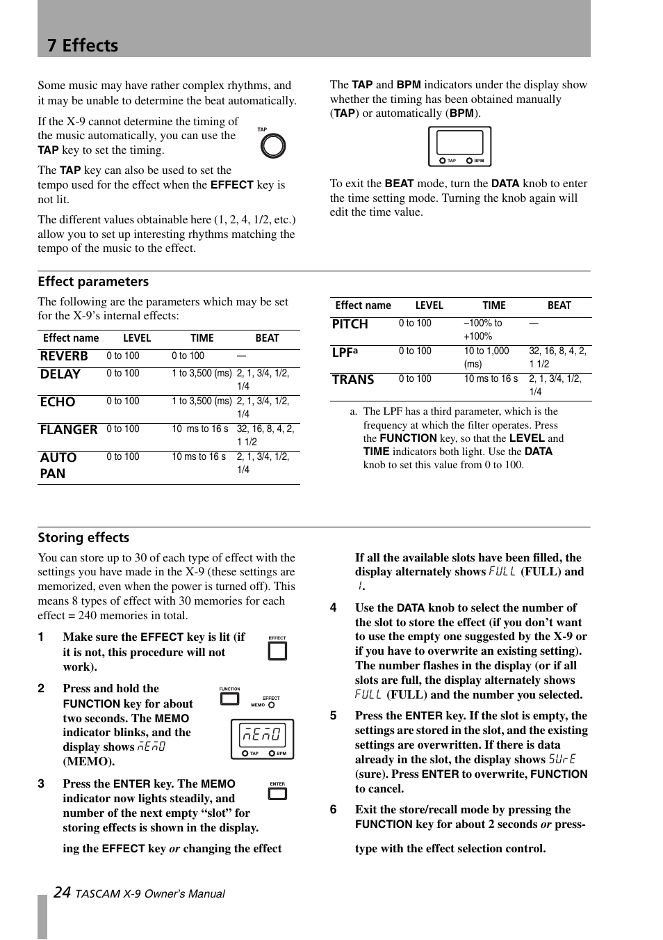 Effect parameters, Storing effects, Effect parameters storing effects | 7 effects | GE X-9 User Manual | Page 24 / 36