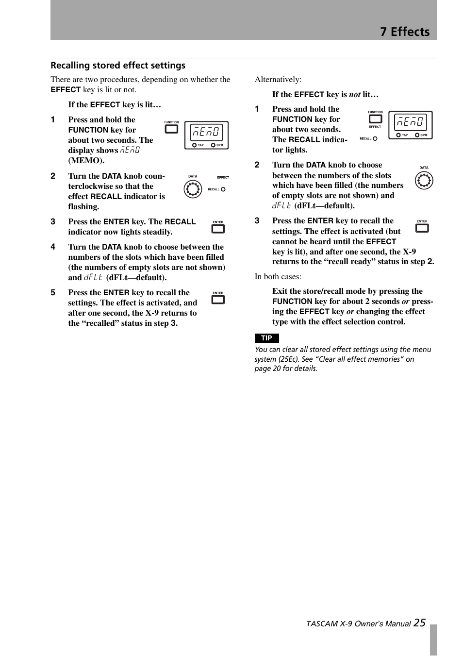 Recalling stored effect settings, 7 effects | GE X-9 User Manual | Page 25 / 36