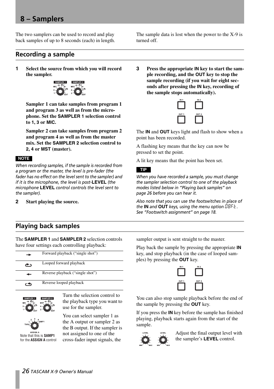 8 – samplers, Recording a sample, Playing back samples | Recording a sample playing back samples | GE X-9 User Manual | Page 26 / 36