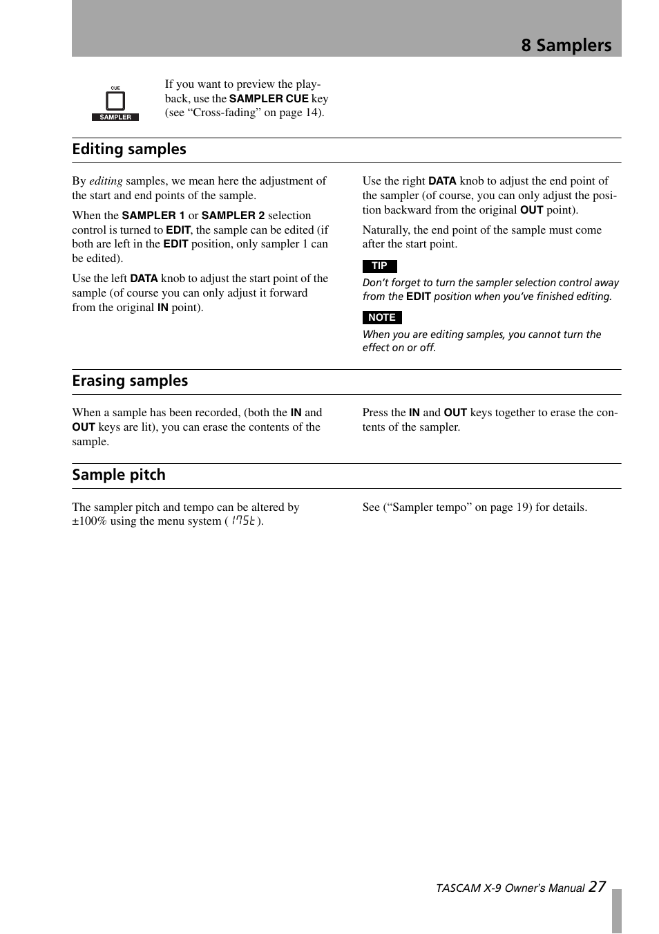 Editing samples, Erasing samples, Sample pitch | Editing samples erasing samples sample pitch, 8 samplers | GE X-9 User Manual | Page 27 / 36