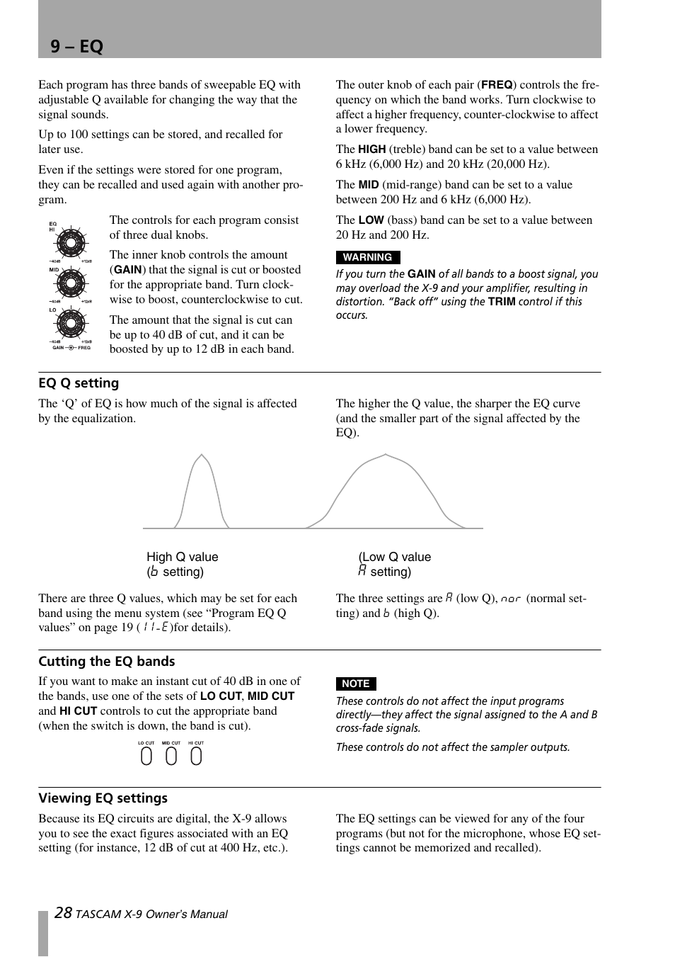 9 – eq, Eq q setting, Cutting the eq bands | Viewing eq settings | GE X-9 User Manual | Page 28 / 36