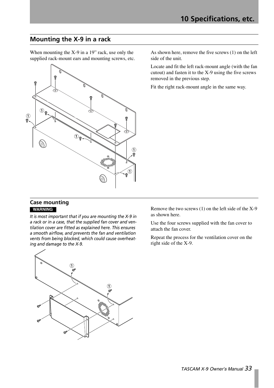 Mounting the x-9 in a rack, Case mounting, 10 specifications, etc | 33 mounting the x-9 in a rack | GE X-9 User Manual | Page 33 / 36