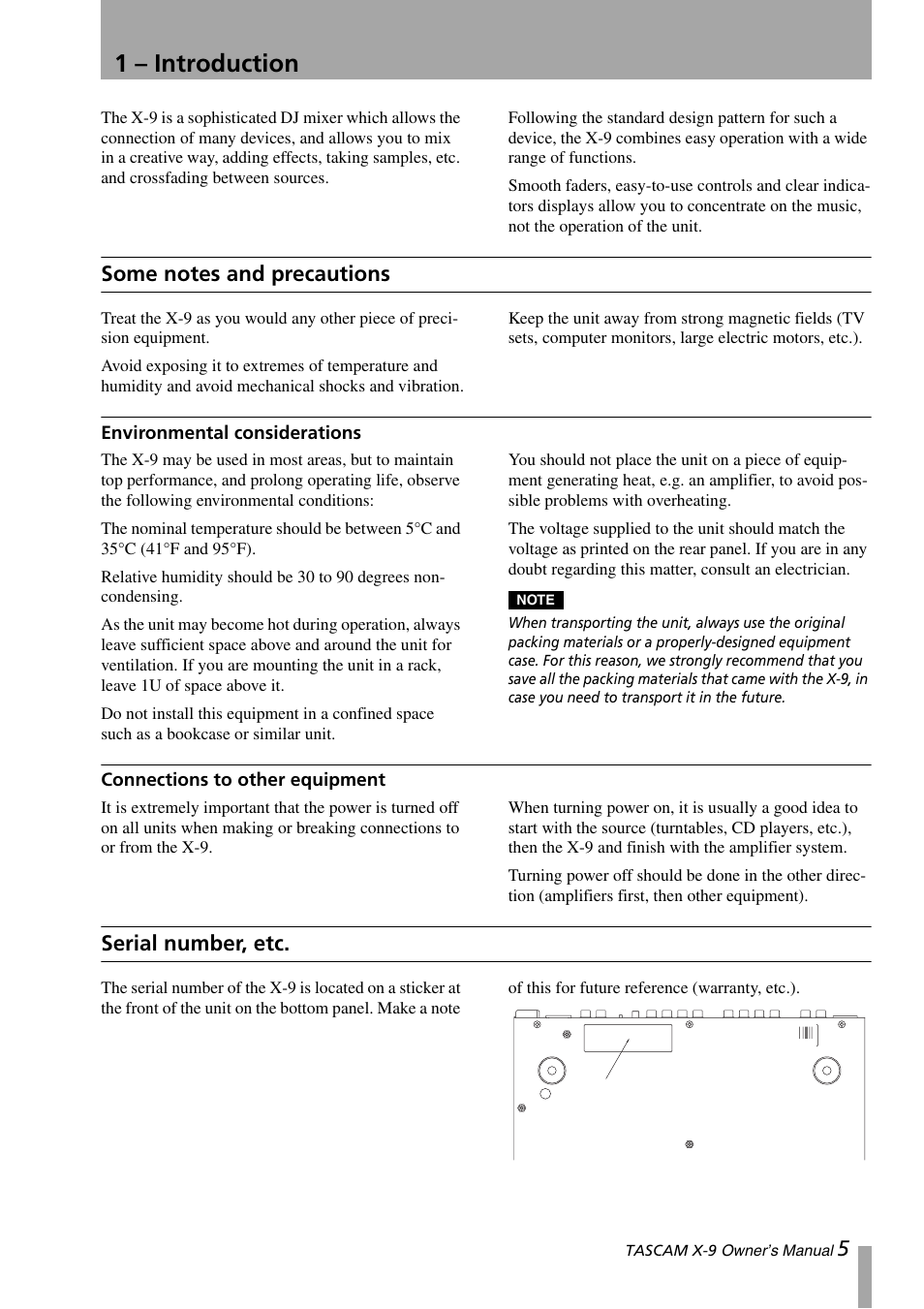 1 – introduction, Some notes and precautions, Environmental considerations | Connections to other equipment, Serial number, etc | GE X-9 User Manual | Page 5 / 36