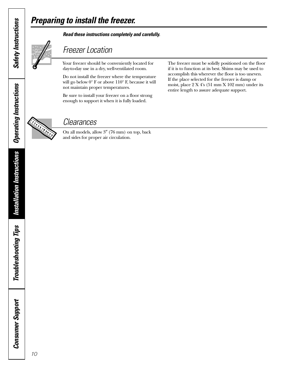Preparing to install the freezer, Freezer location, Clearances | GE FCM5 User Manual | Page 10 / 16