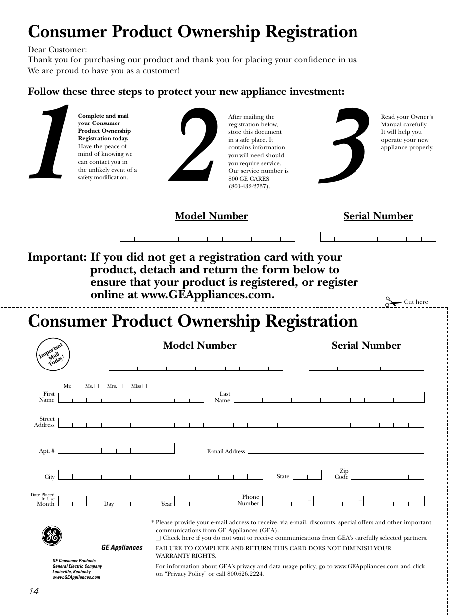 Consumer product ownership registration, Model number serial number | GE FCM5 User Manual | Page 14 / 16