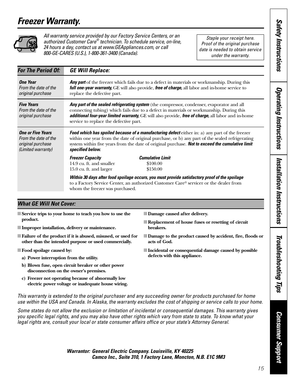 Warranty, Freezer warranty | GE FCM5 User Manual | Page 15 / 16