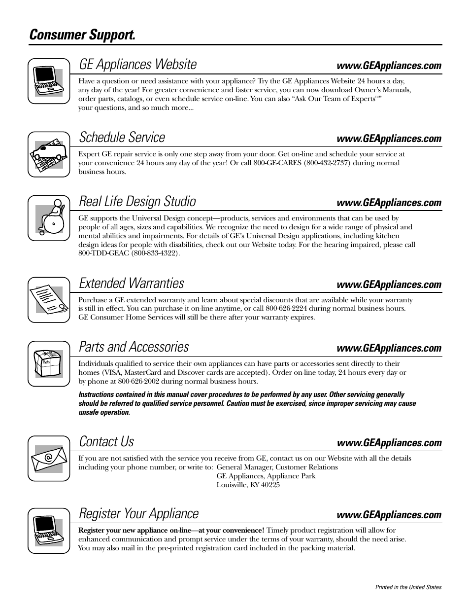 Consumer support, Consumer support . . . . . back cover, Consumer support. ge appliances website | Schedule service, Real life design studio, Extended warranties, Parts and accessories, Contact us, Register your appliance | GE FCM5 User Manual | Page 16 / 16