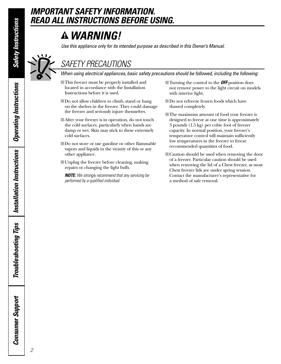 Safety precautions, Warning | GE FCM5 User Manual | Page 2 / 16