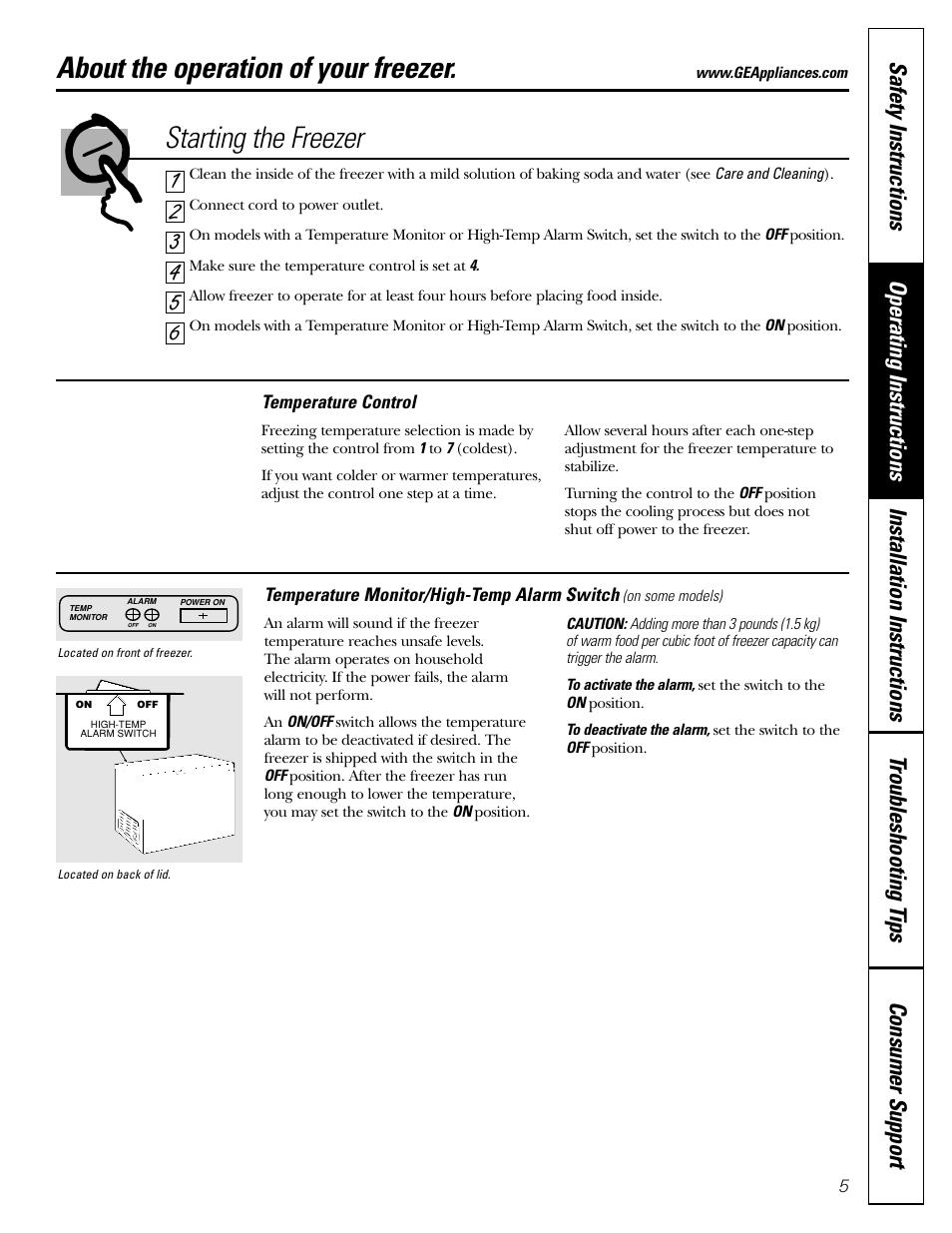 Features, Starting the freezer, Features , 6 starting the freezer | About the operation of your freezer | GE FCM5 User Manual | Page 5 / 16