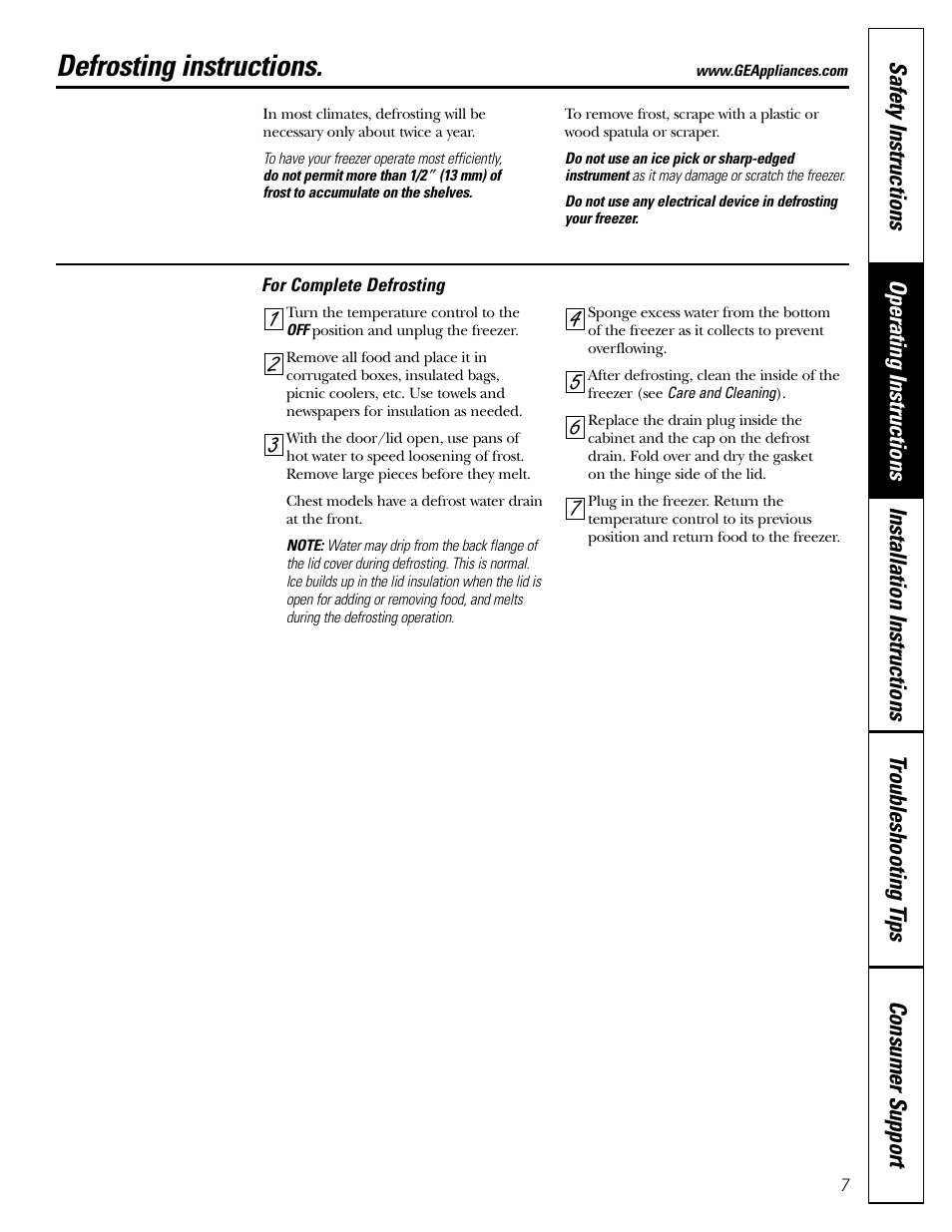 Defrosting instructions | GE FCM5 User Manual | Page 7 / 16