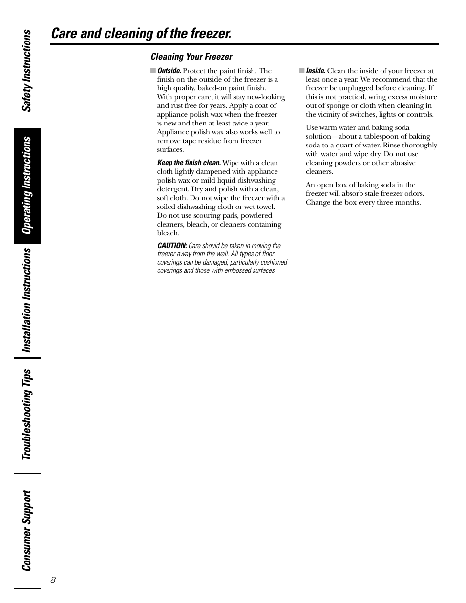 Care and cleaning, Care and cleaning , 9, Care and cleaning of the freezer | GE FCM5 User Manual | Page 8 / 16