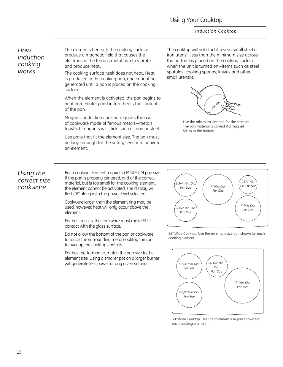 Using your cooktop, How induction cooking works, Using the correct size cookware | GE ZHU30 User Manual | Page 10 / 80