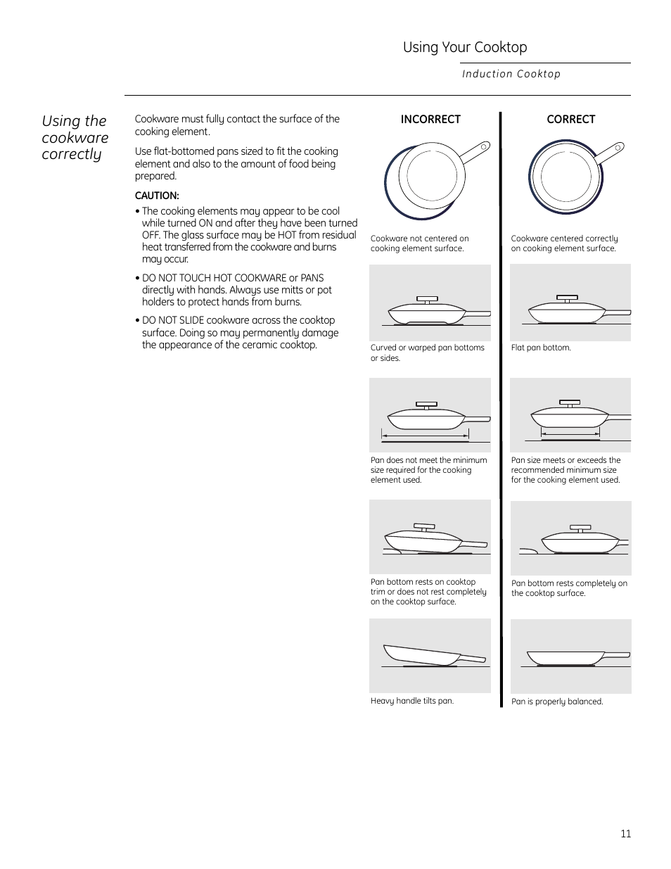Using the cookware correctly, Using your cooktop | GE ZHU30 User Manual | Page 11 / 80