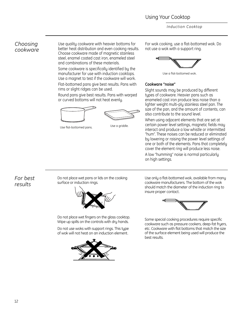 Using your cooktop, For best results choosing cookware | GE ZHU30 User Manual | Page 12 / 80