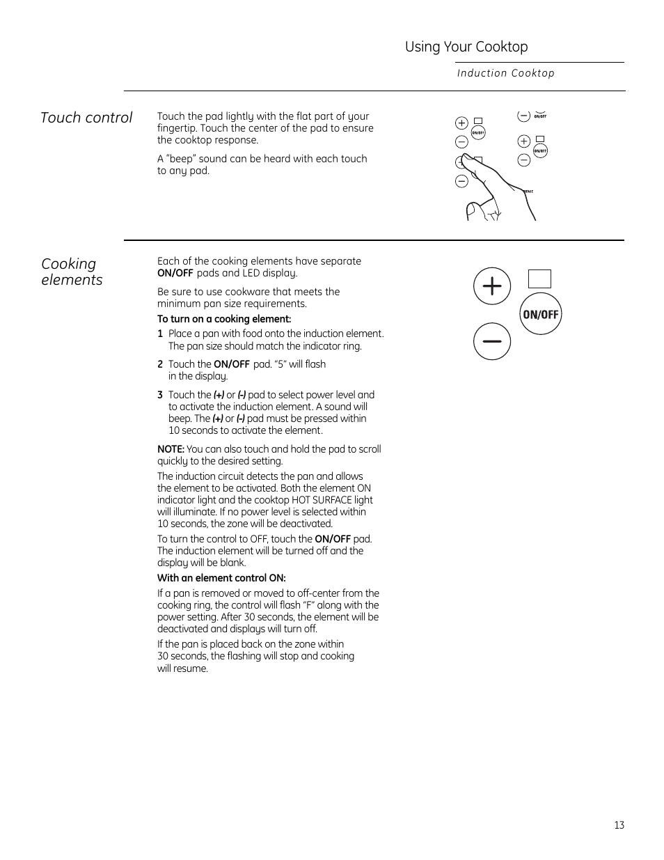 Touch control using your cooktop, Cooking elements | GE ZHU30 User Manual | Page 13 / 80