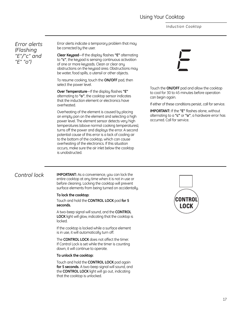Error alerts (flashing “e”/”c” and “e” “o”), Using your cooktop, Control lock | GE ZHU30 User Manual | Page 17 / 80