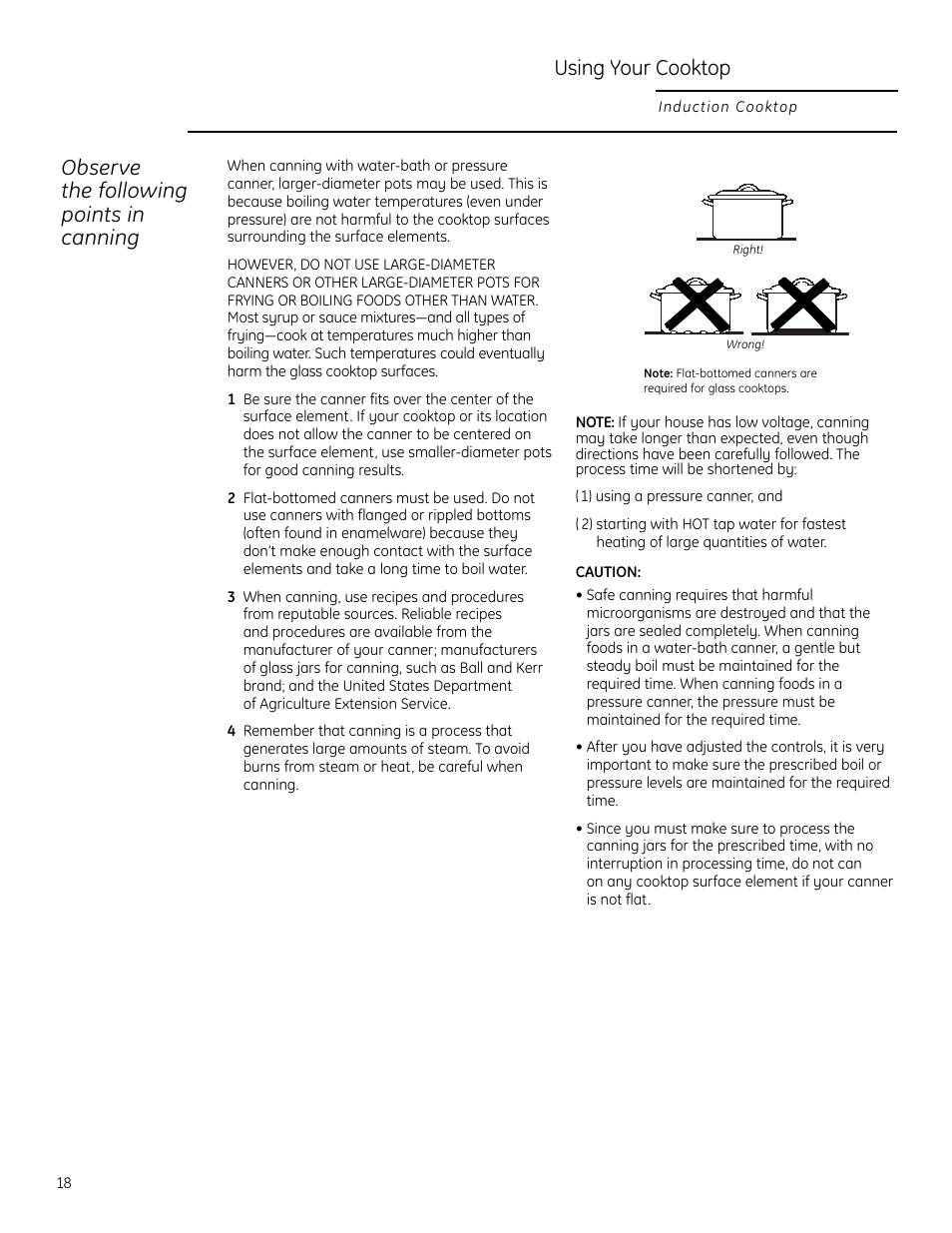 Using your cooktop, Observe the following points in canning | GE ZHU30 User Manual | Page 18 / 80