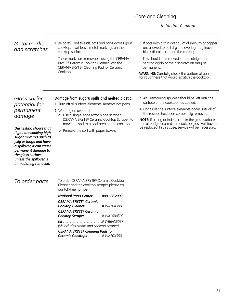 Care and cleaning, Glass surface— potential for permanent damage, Metal marks and scratches | GE ZHU30 User Manual | Page 21 / 80
