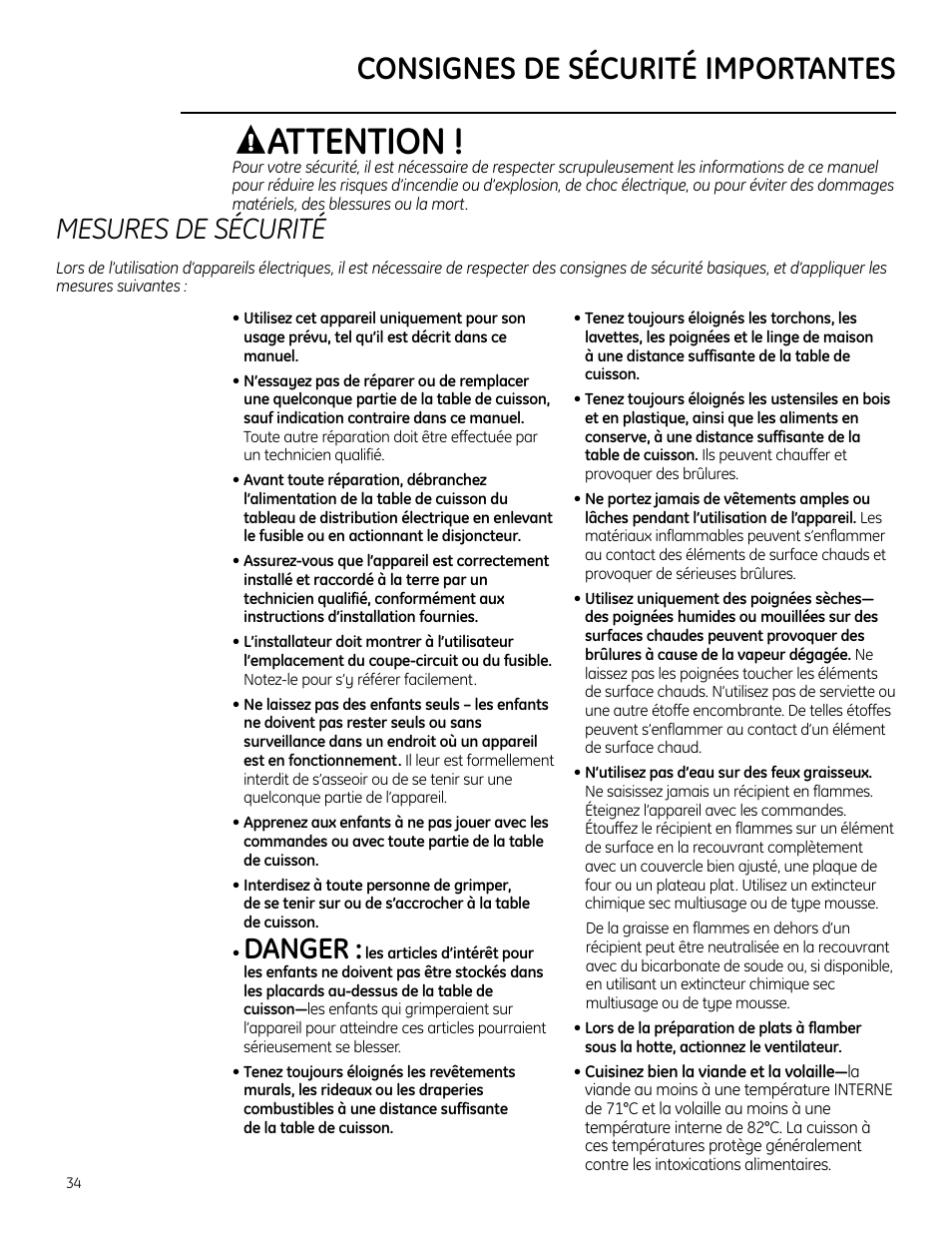 Attention, Consignes de sécurité importantes, Danger | Mesures de sécurité | GE ZHU30 User Manual | Page 34 / 80