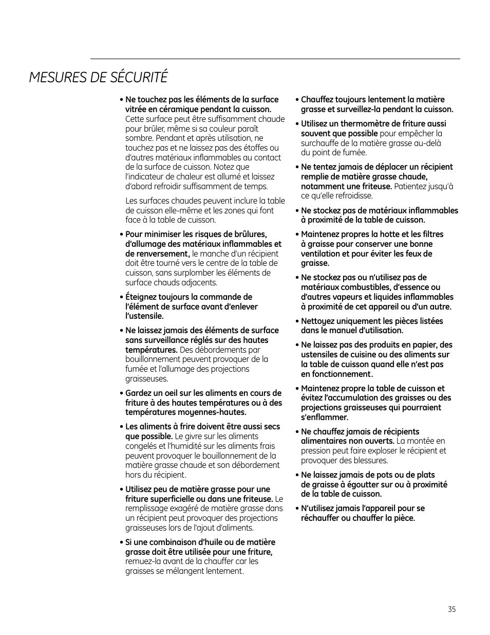 Mesures de sécurité | GE ZHU30 User Manual | Page 35 / 80