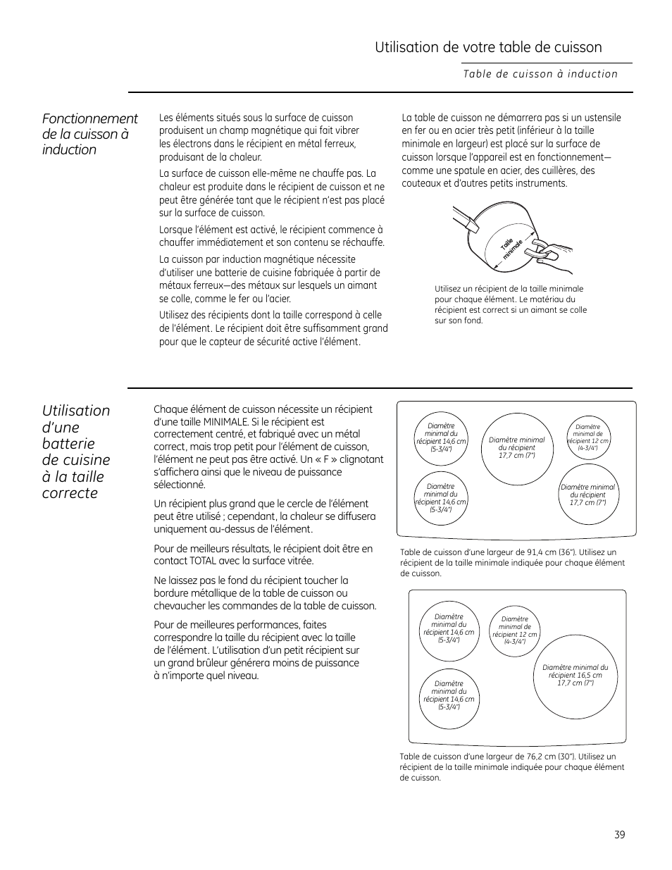Utilisation de votre table de cuisson, Fonctionnement de la cuisson à induction | GE ZHU30 User Manual | Page 39 / 80